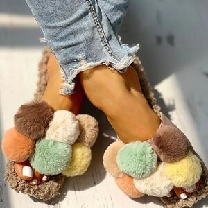 Faux Fur Pom Pom Slippers Slides Sandals